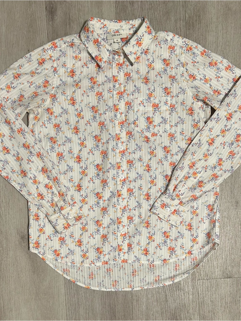 Women’s White Button-Up Shirt with Orange and Blue Floral Details